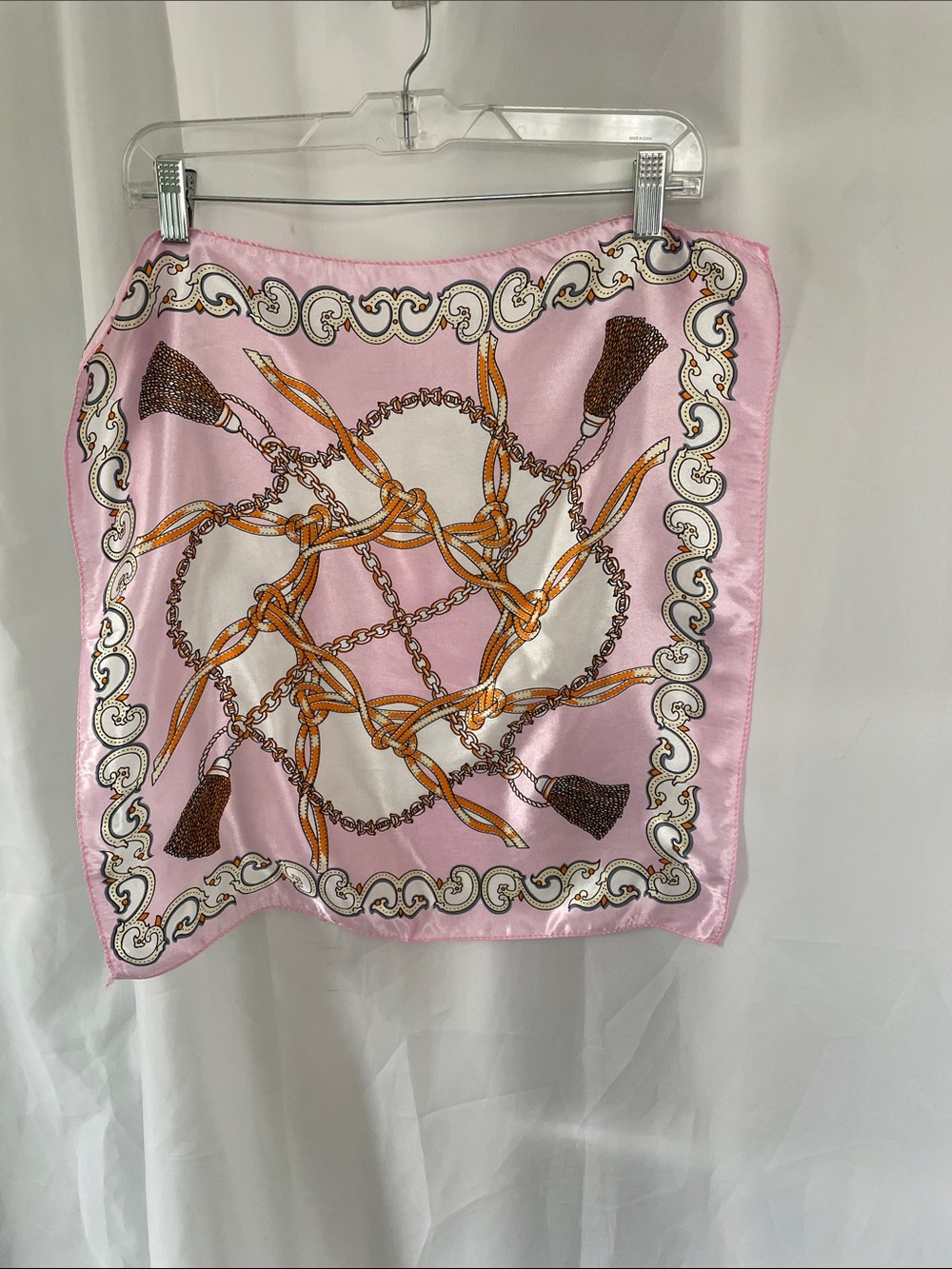 Pink Chain & Tassel Print Satin Square Scarf - Women Accessories 19x19 NWT
